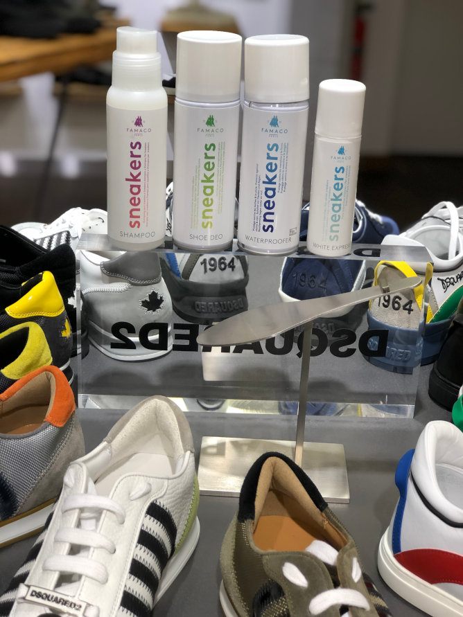 Famaco Shampoo, Shoe Deo, Waterproofer und White Express für die Sneakerpflege