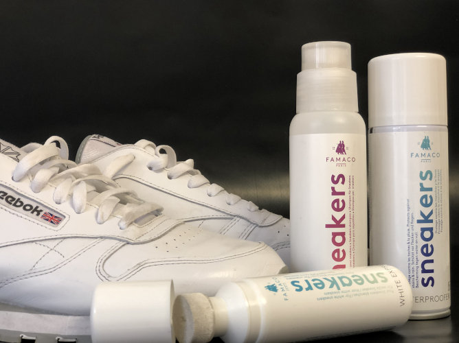 ... und ebenso vertragen diese weißen Reeboks eine Wäsche mit dem Famaco Shampoo sowie Farbauffrischung mit dem White Express.