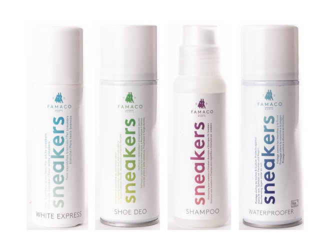 Sneakers Care von Famaco umfasst das Shampoo, White Express, Shoe Deo sowie den Waterproofer
